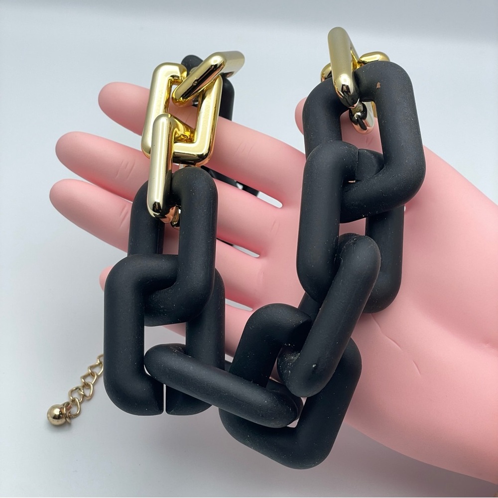 Chunky Natasha Black & Gold Link Choker Necklace 18” + 3” Extender - Picture 4 of 8